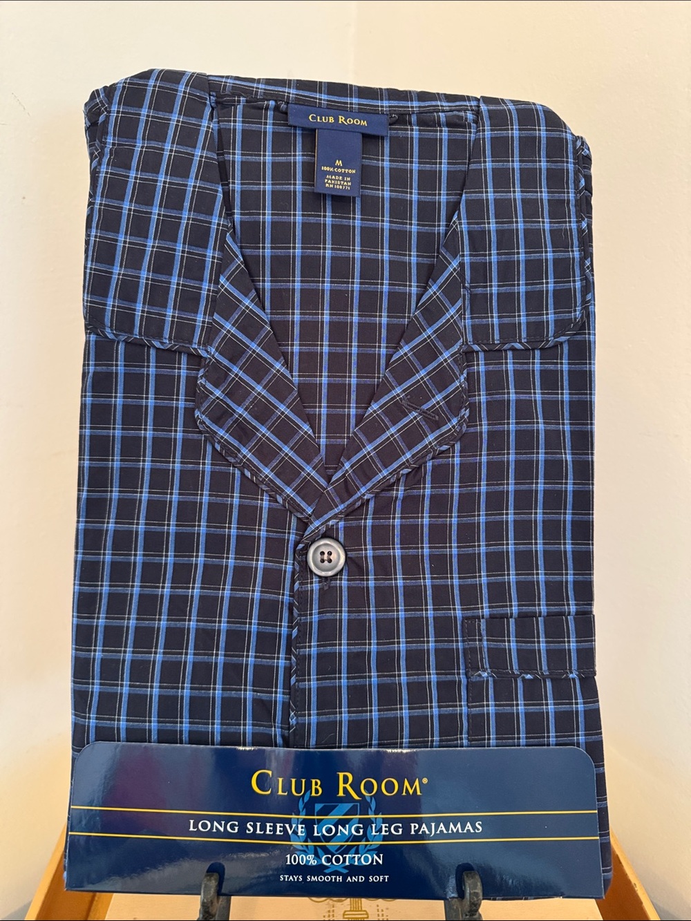 Club Room Men's Navy Blue Plaid Long-Sleeve Shirt Pajama Set